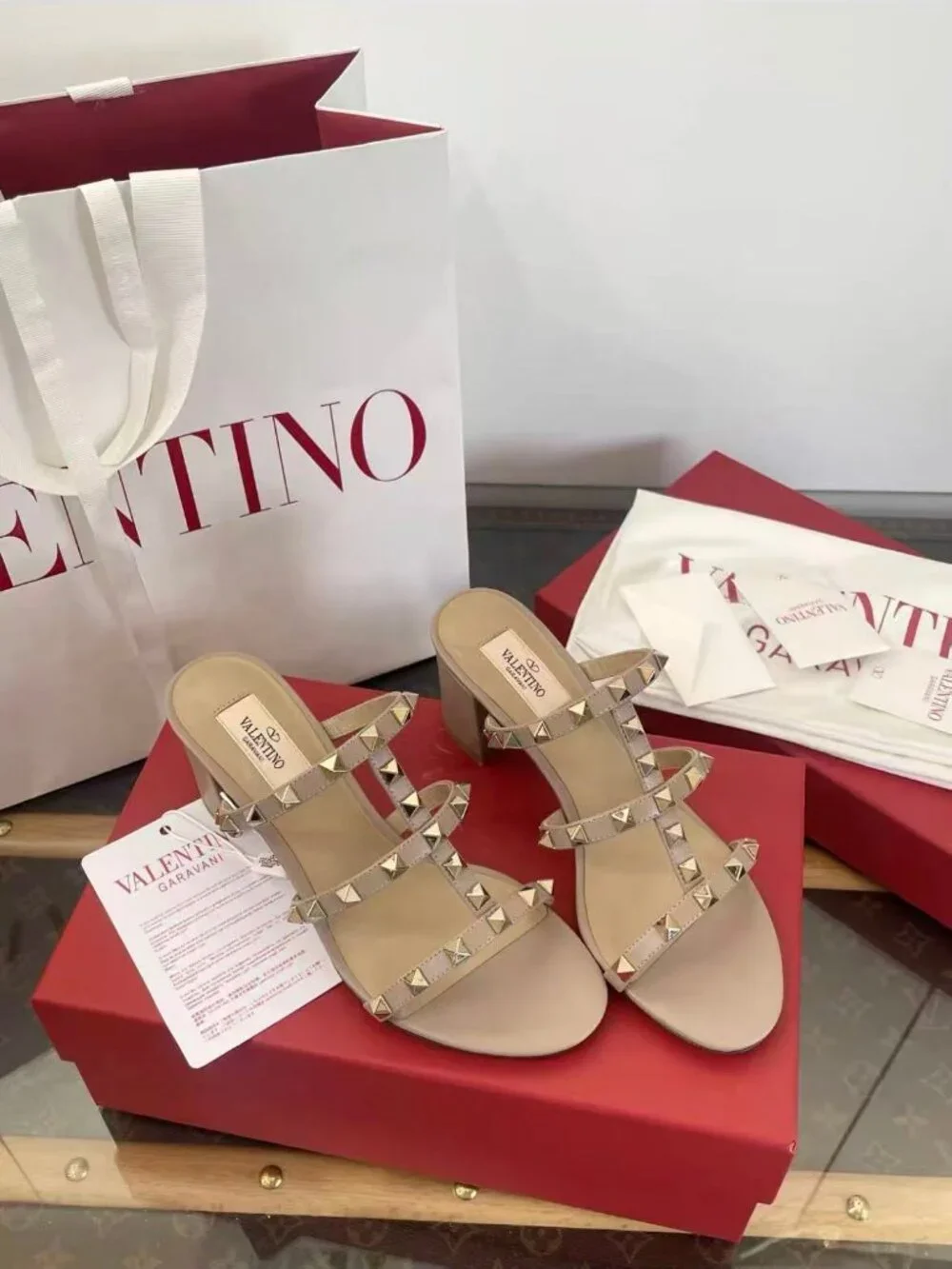 Valentino Rockstud Nude Leather Block‑Heel Slide Sandals